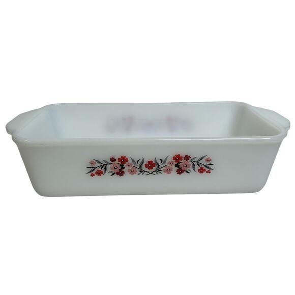 FireKing 409 Primrose Pink Red Floral Casserole Rectangle Bread 1 Qt Made in USA - Picture 1 of 8